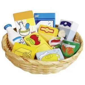 Shop miniatures,food and household goods in a basket